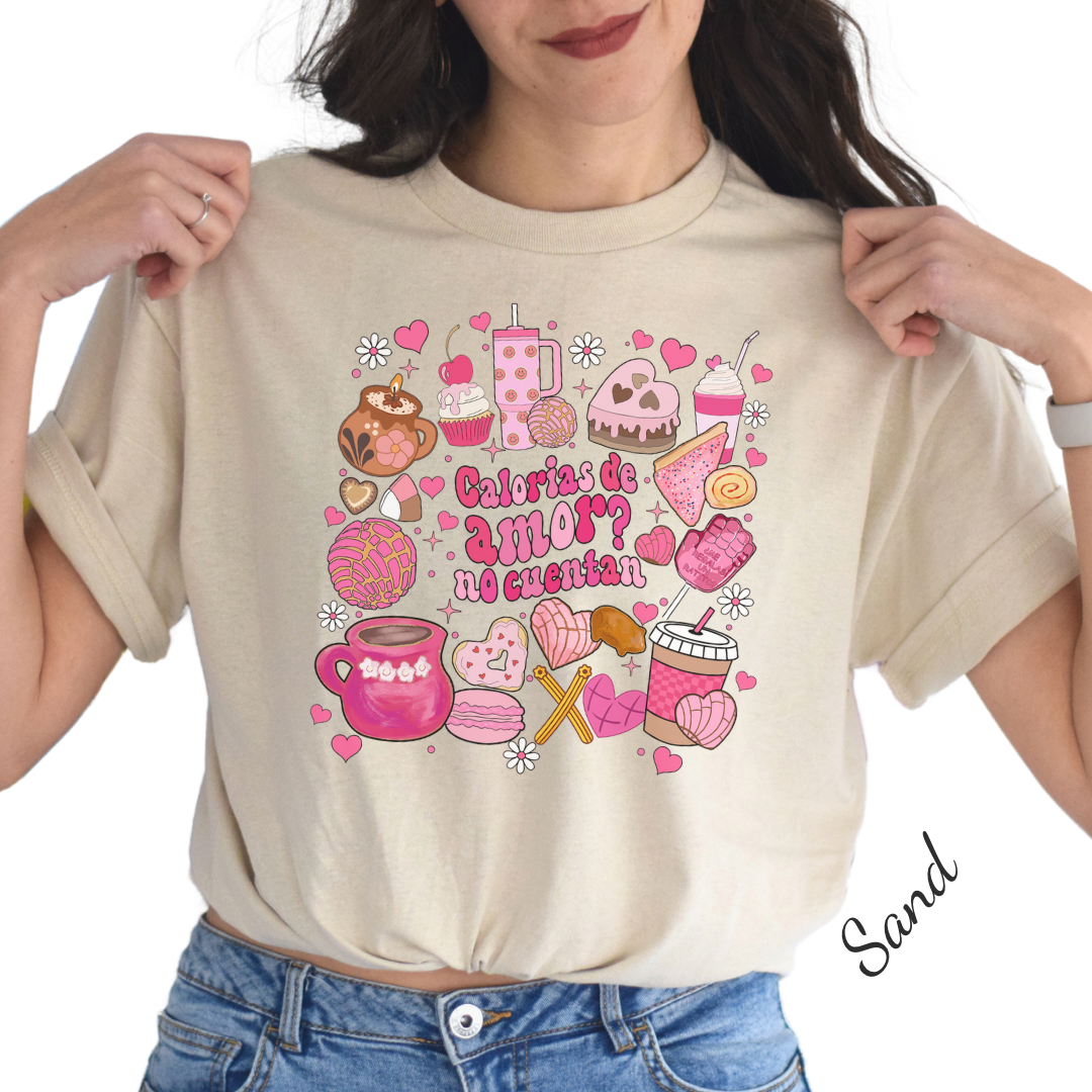 Calorias de amor no cuentan Unisex Heavy Cotton tshirt.  Mexican Valentines Day with conchas, pan dulce and Mexican snacks.
