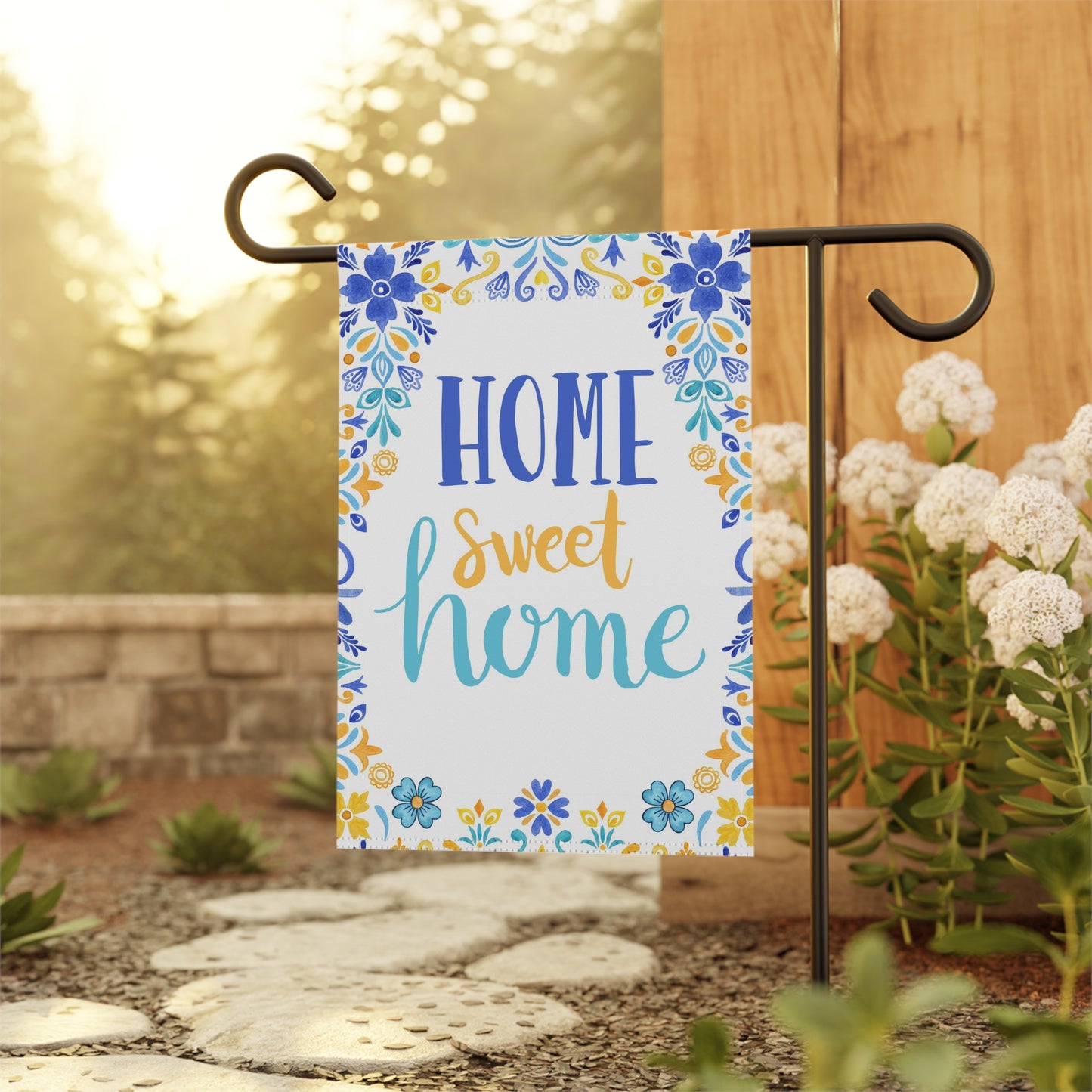 Home sweet home Garden Banner. Blue, white and yellow garden flag with mexican talavera.