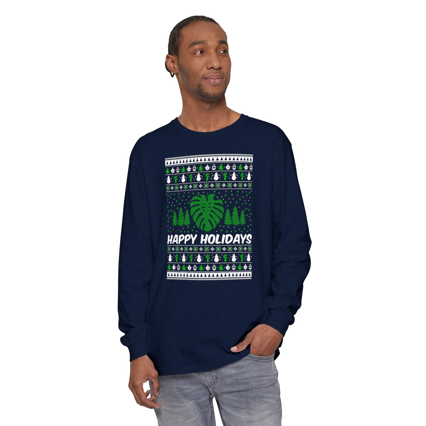 Happy holidays ugly sweater Unisex Jersey Long Sleeve Tee. Christmas ugly sweater with monstera leaf and snow flakes.