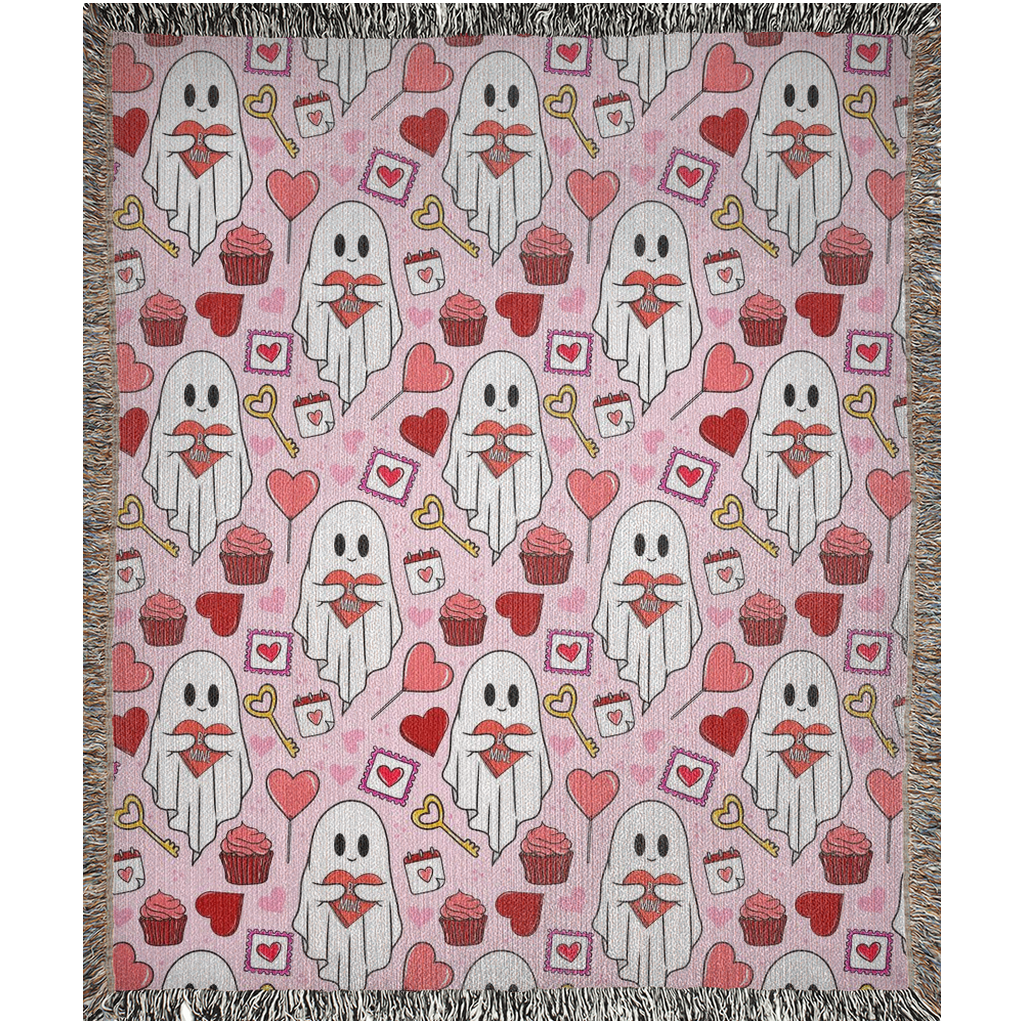 Ghost lover Woven Blankets for Valentine’s Day. Cute ghost holding hearts. Spooky Valentines Day.