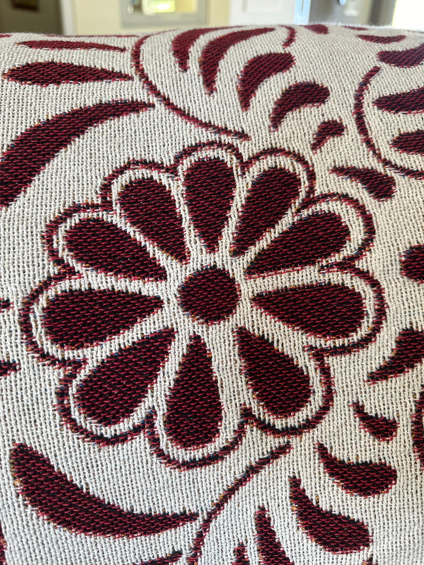 Red and beige woven blanket with Mexican Talavera design. Otomi Red And White Woven Blanket. Mexican blanket