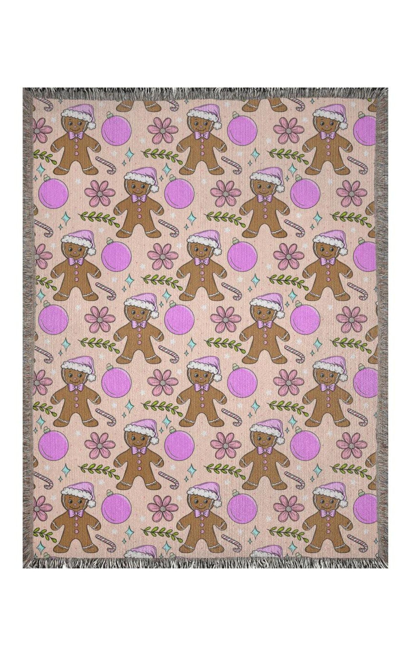 Pink christmas with gingerbread man woven blanket 50x60” clearance