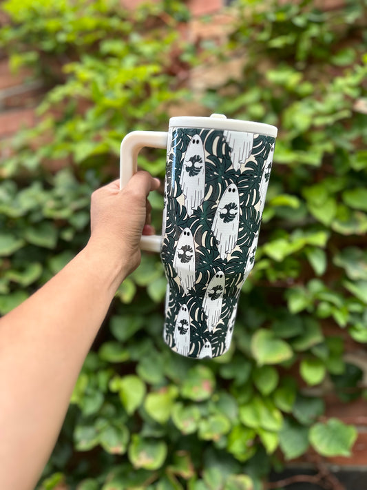 Ghosts holding Monstera Leaf 32 oz Tumbler with Flip Straw for Halloween season and plant lover - Drinkware - Bottle