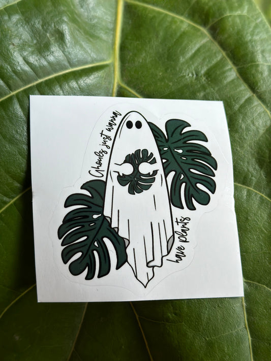 Cute ghost with monstera leaves waterproof sticker for plant lovers, plant lady, plant mama.