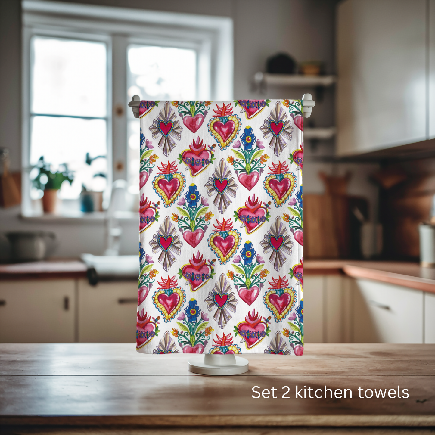 Milagritos kitchen towels for Latin kitchen decor. Sacred hearts tea towels for modern Mexican home decor. Sagrado corazones.