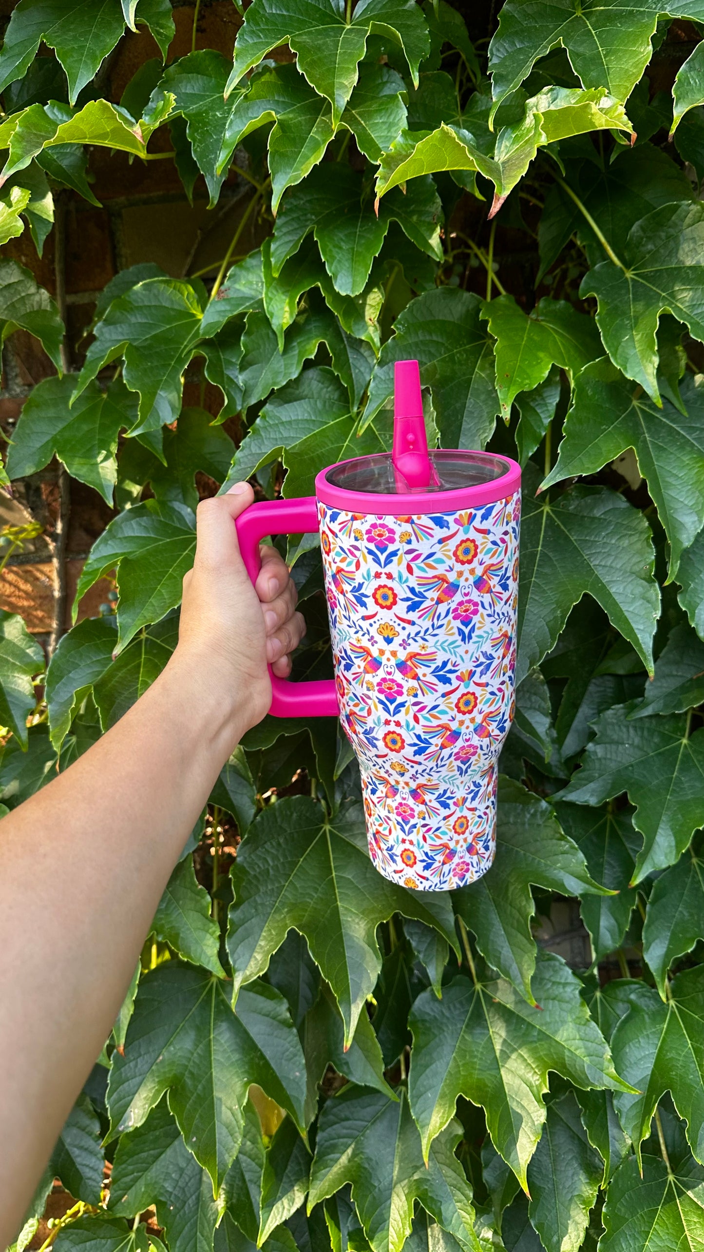 Pink Otomi tumbler. 32oz stainless steel tumbler with Mexican folk art