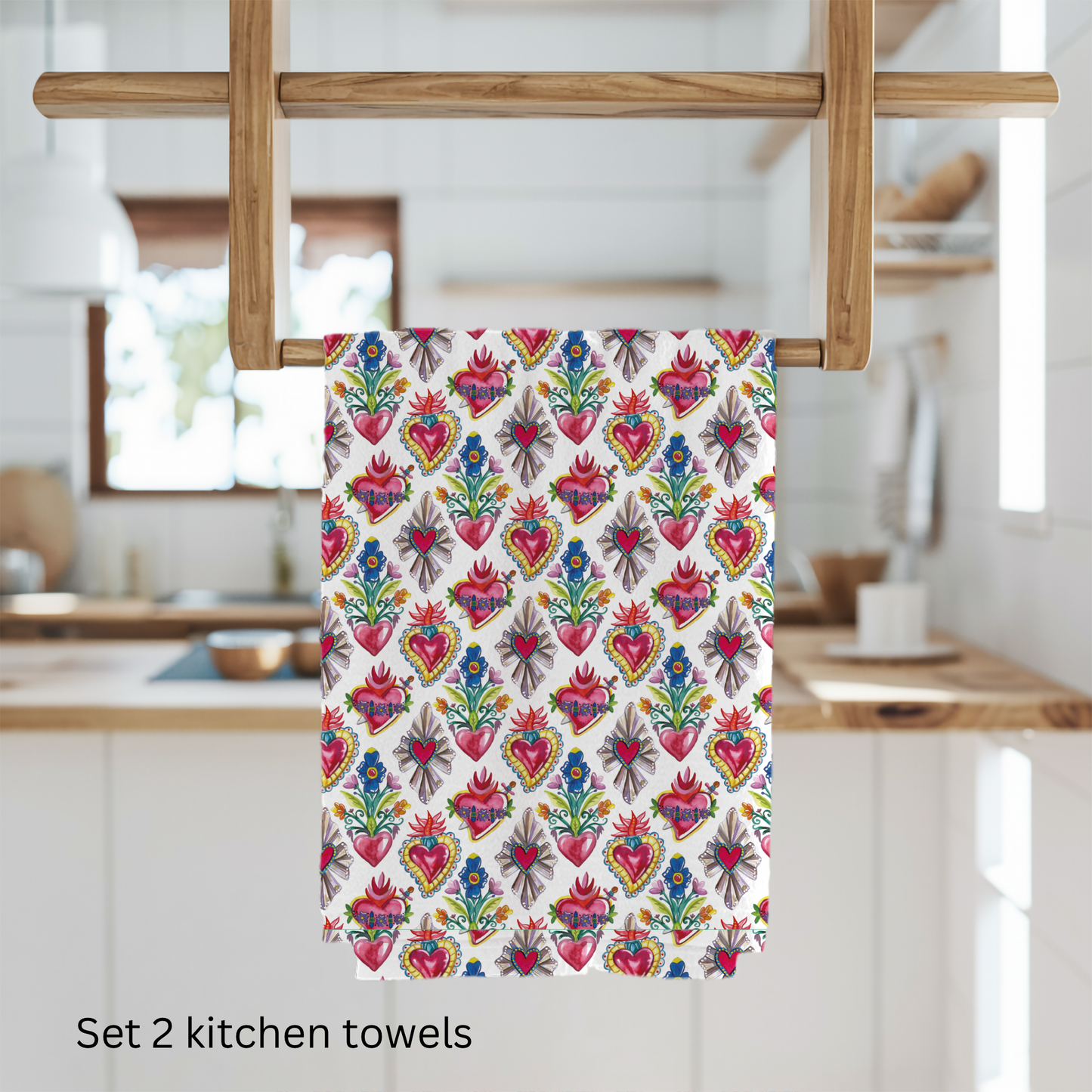 Milagritos kitchen towels for Latin kitchen decor. Sacred hearts tea towels for modern Mexican home decor. Sagrado corazones.