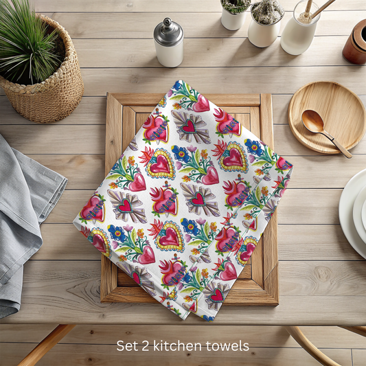 Milagritos kitchen towels for Latin kitchen decor. Sacred hearts tea towels for modern Mexican home decor. Sagrado corazones.