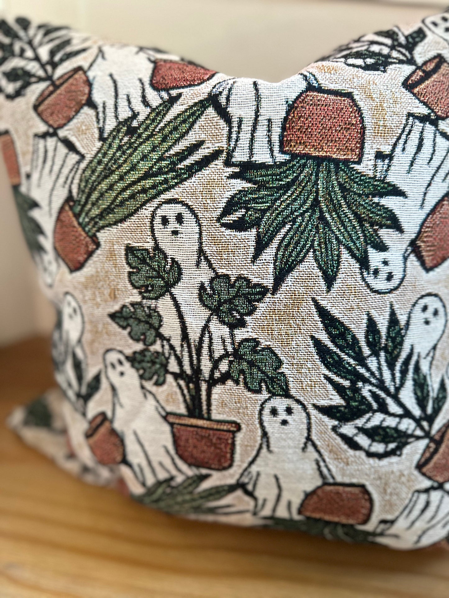 Ghost With Potted Plants Woven Pillows 18x17”
