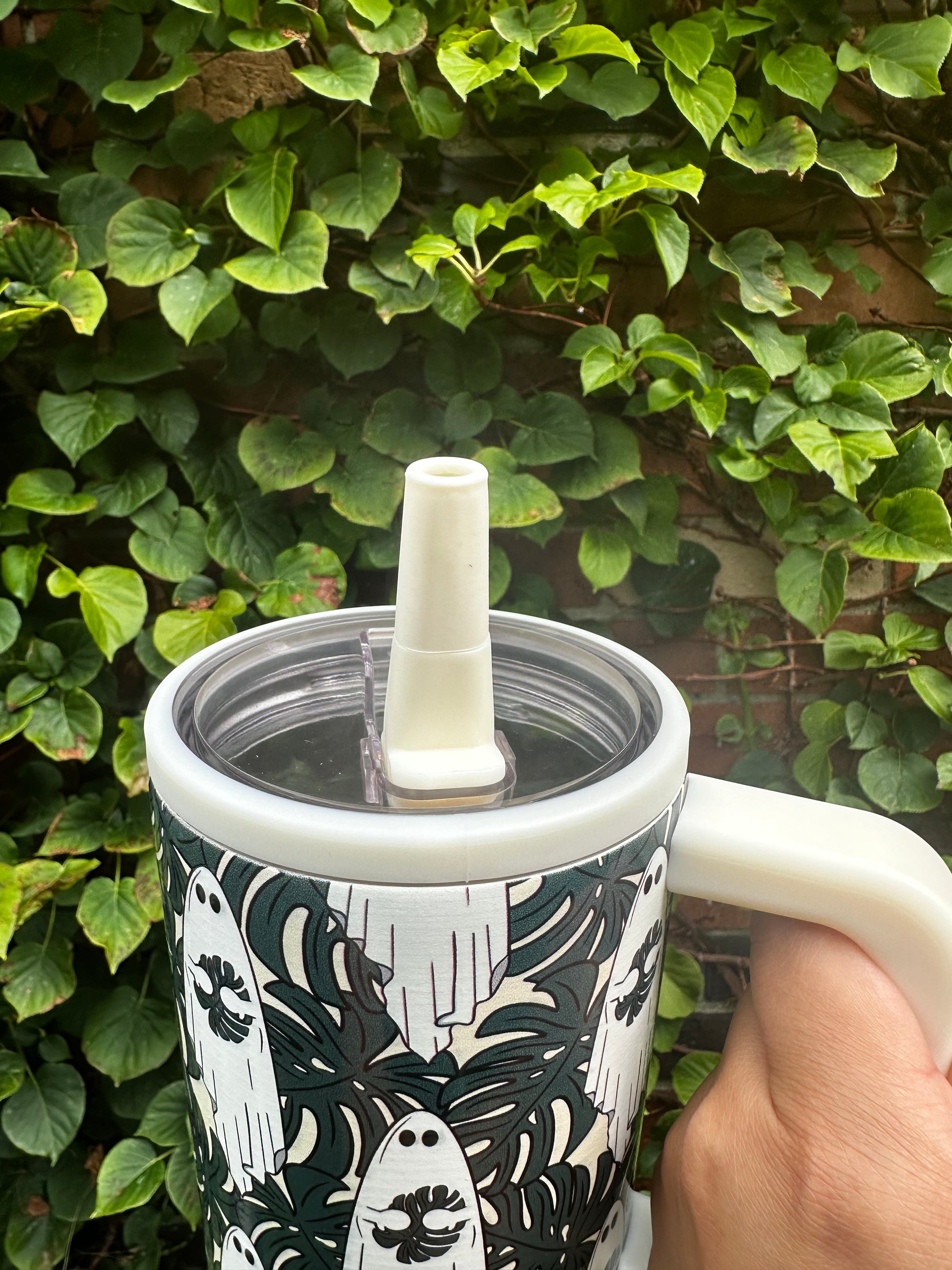 monstera tumbler Ghosts holding Monstera Leaf 32 oz Tumbler with Flip Straw for Hallowe – Ficus & Plants