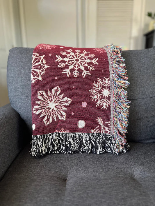 Red and white snowflakes Woven Blankets for holiday season. Christmas gift for family and friends.