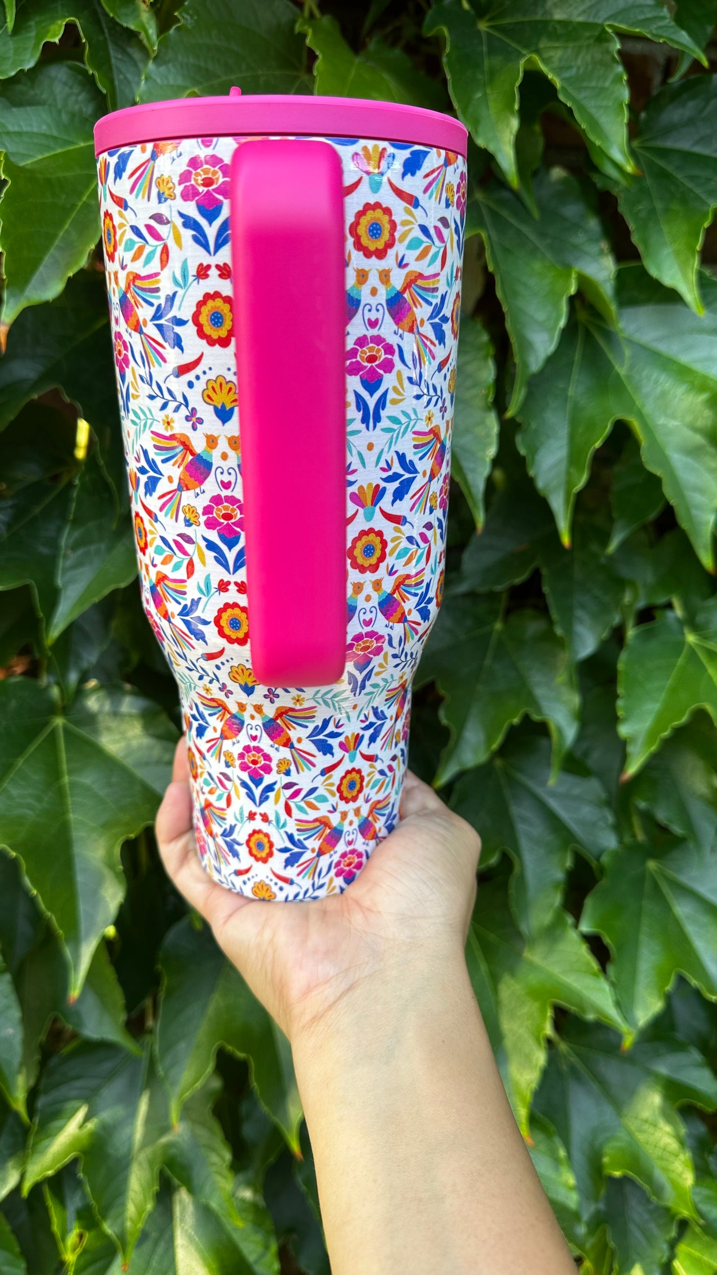 Pink Otomi tumbler. 32oz stainless steel tumbler with Mexican folk art