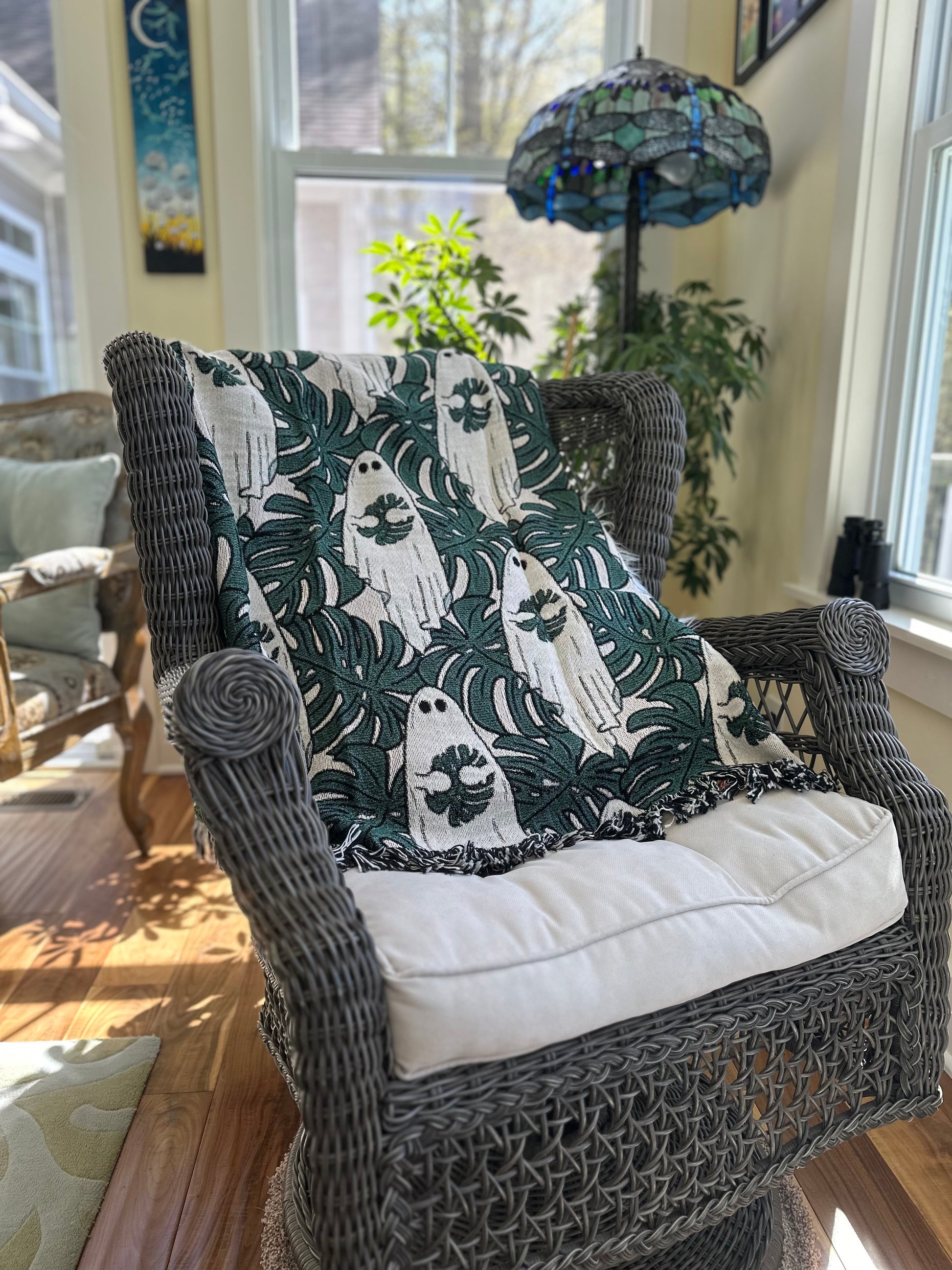 monstera blanket Monstera leaves and ghosts woven blanket 50x60”