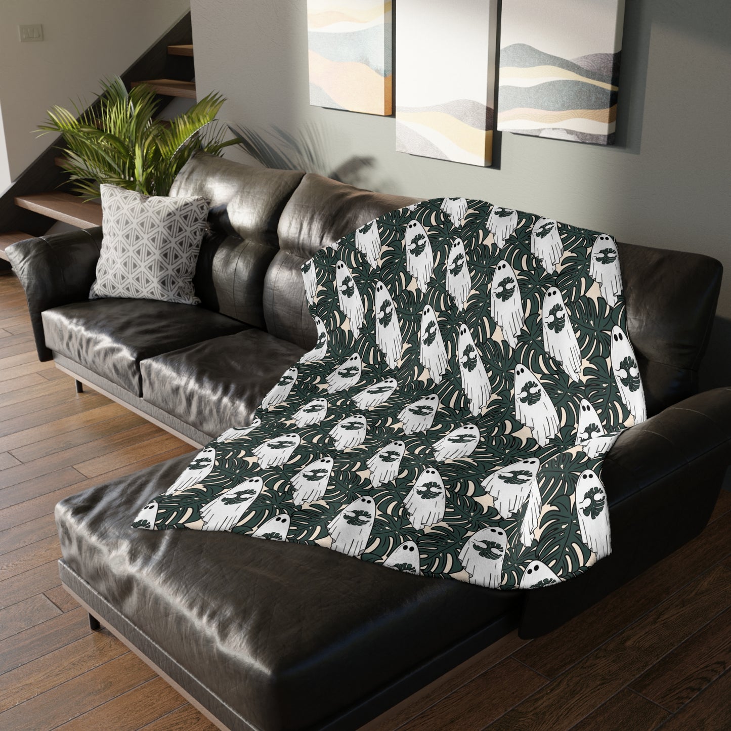 Ghost Blanket Printed on Both Sides. Soft Large Halloween blanket 80x60 Inches. Ghost holding a monstera leaf