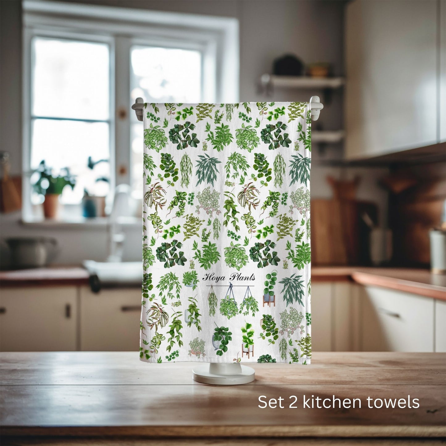 Hoya plants tea towel. Set of 2 cotton Plants kitchen towel.