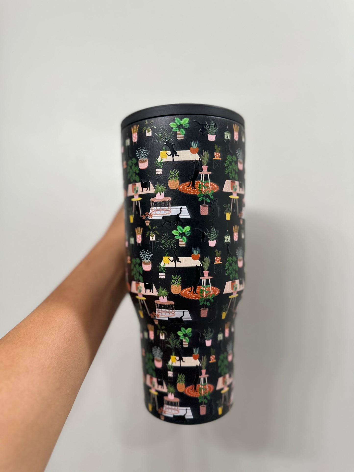 Cat Lover and Plant Lady Stainless Steel Tumbler - 32oz Black Cat and Plants Design - Bottle, Drinkware