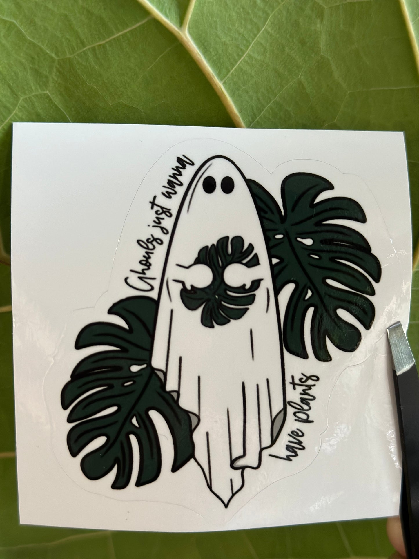 Cute ghost with monstera leaves waterproof sticker for plant lovers, plant lady, plant mama.