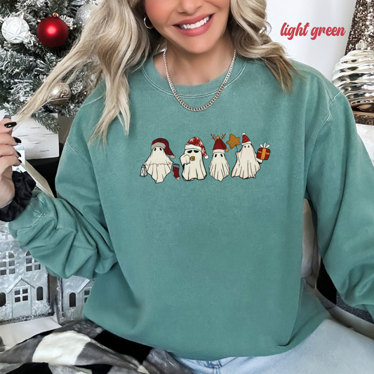 Christmas ghost Unisex Sweatshirt comfort colors. Cute ghosts with Christmas accessories for her or him. Holiday sweatshirts