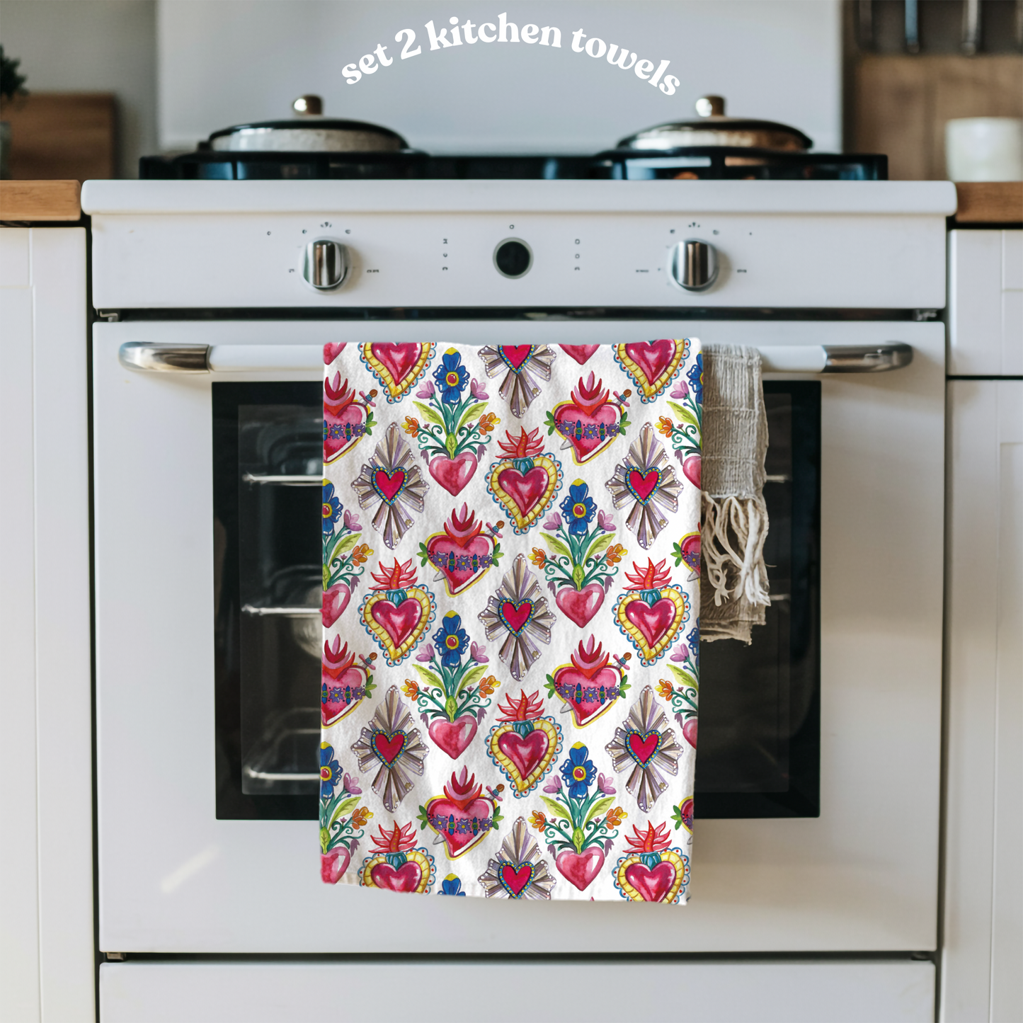 Milagritos kitchen towels for Latin kitchen decor. Sacred hearts tea towels for modern Mexican home decor. Sagrado corazones.