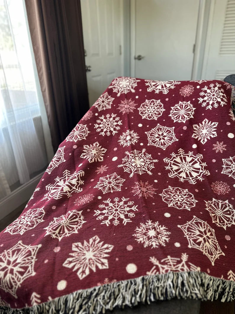 Red and white snowflakes Woven Blankets for holiday season. Christmas gift for family and friends.