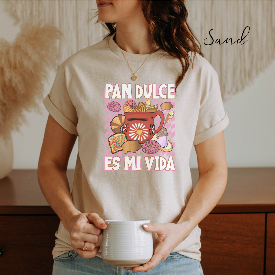 Pan dulce es mi vida tshirt. Mexican shirt for her or him. Unisex Heavy Cotton Tee with Mexican pastries. Cafecito, concha y chisme
