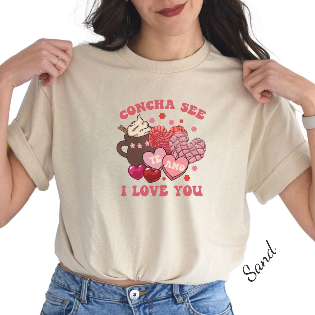 Concha see I love you Unisex Heavy Cotton Tee. Mexican tshirt for san Valentine’s Day. Hispanic merch for her. Concha y cafecito.