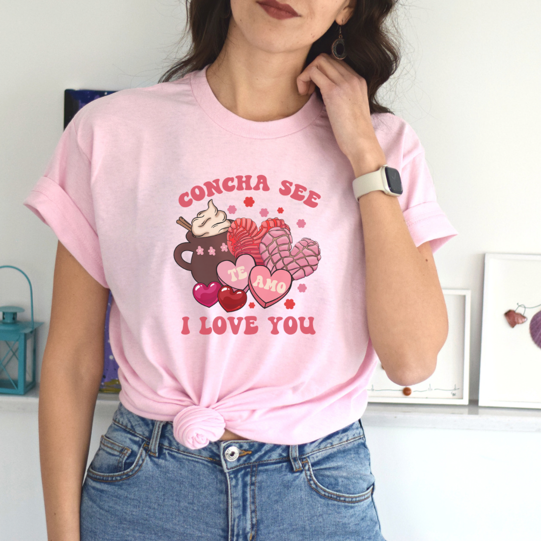 Concha see I love you Unisex Heavy Cotton Tee. Mexican tshirt for san Valentine’s Day. Hispanic merch for her. Concha y cafecito.