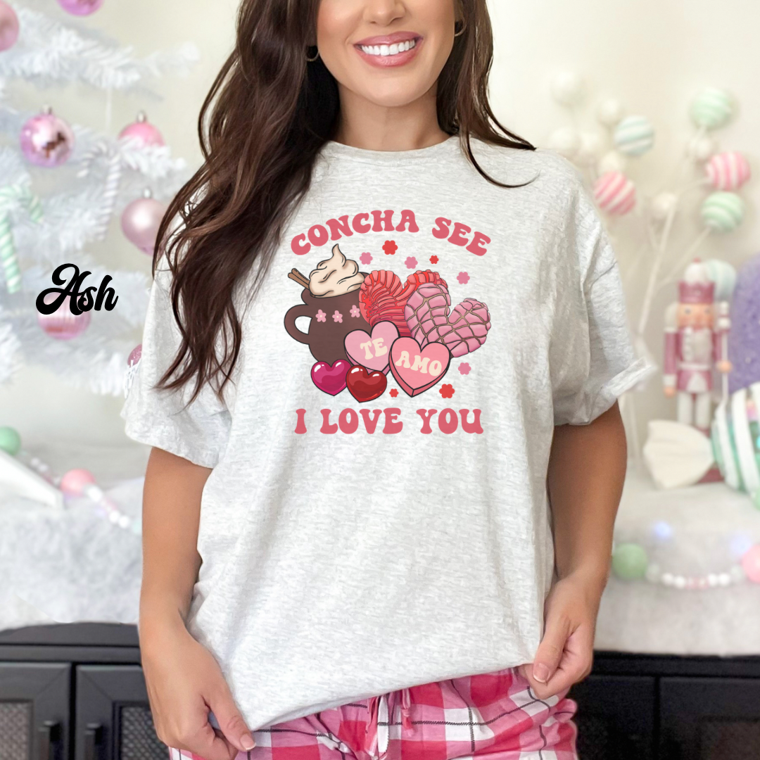 Concha see I love you Unisex Heavy Cotton Tee. Mexican tshirt for san Valentine’s Day. Hispanic merch for her. Concha y cafecito.