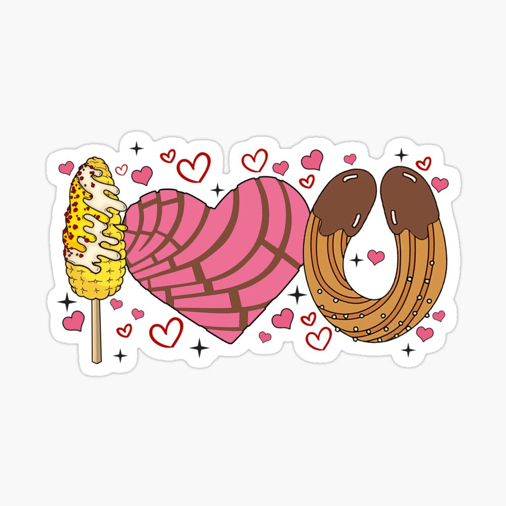 Mexican I love you sticker with concha, churro y elote. Te amo waterproof sticker with Mexican snacks.