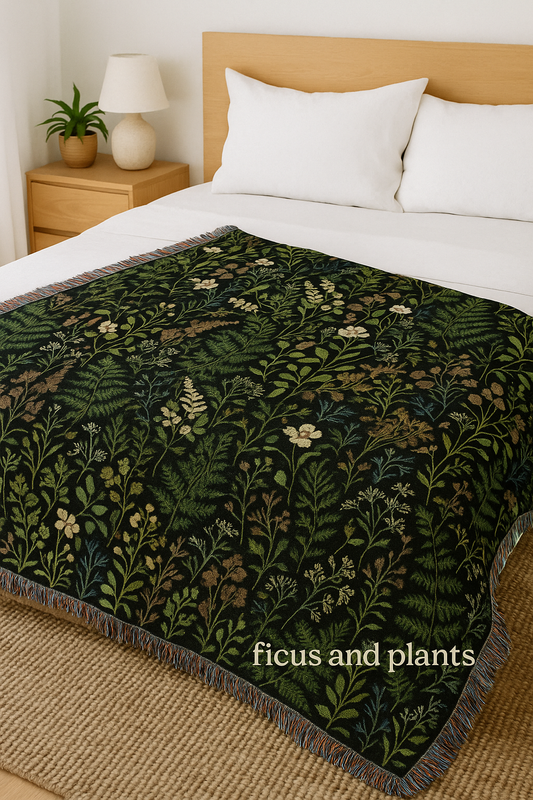 Fern Leaves Woven Blanket. Plant Leaves With green foliage and evergreen plants blanket. Forest deco. Botanical blanket