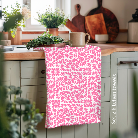Pink talavera Mexican Kitchen Towel – set of two cotton Tea Towel – Flour Sack Dish Towel for Mexican  Aesthetic Kitchen Decor