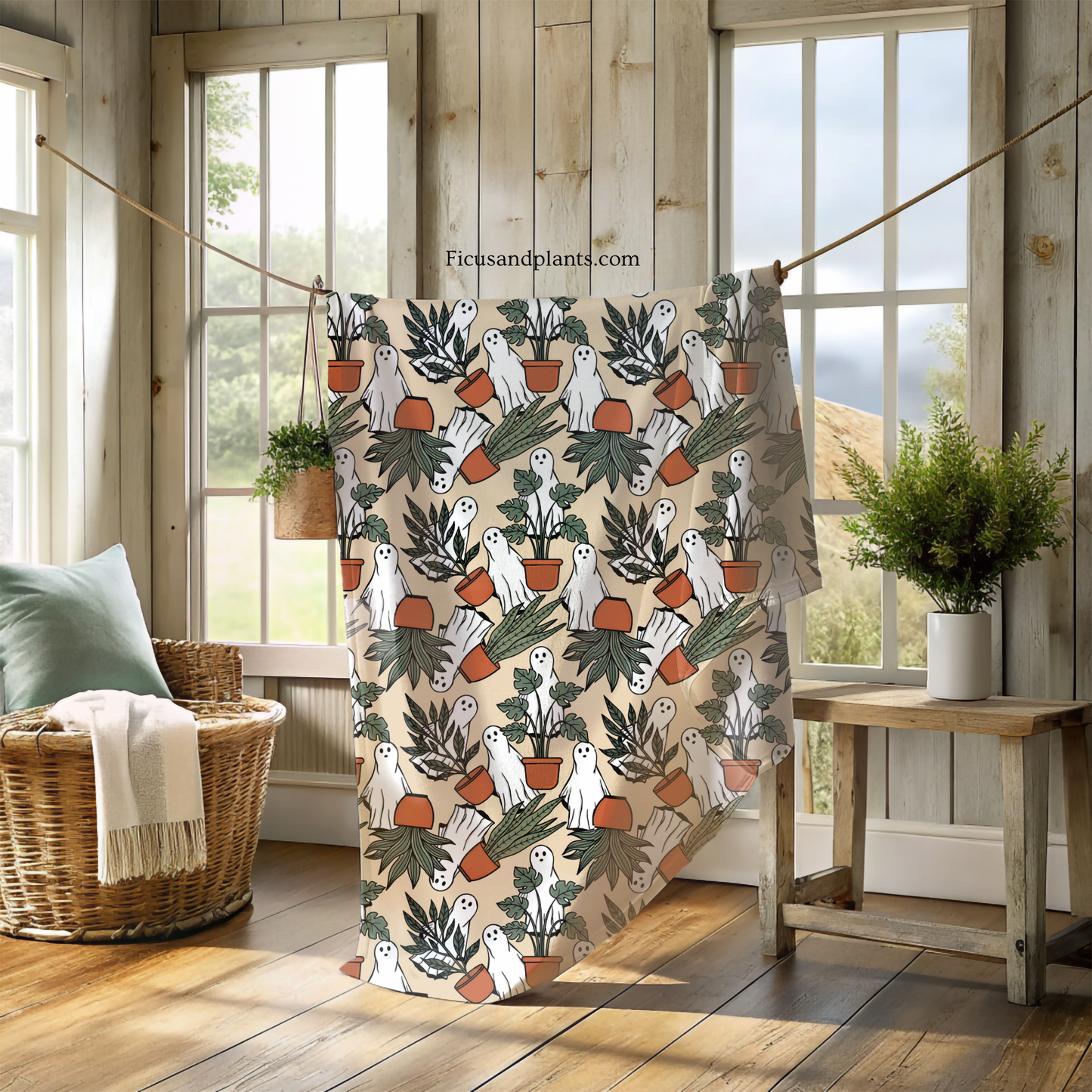 Ghost blanket for plant lovers. Ghosts and Potted Plants Flannel soft Blanket, 80x60” - Halloween Design, Double Sided Print
