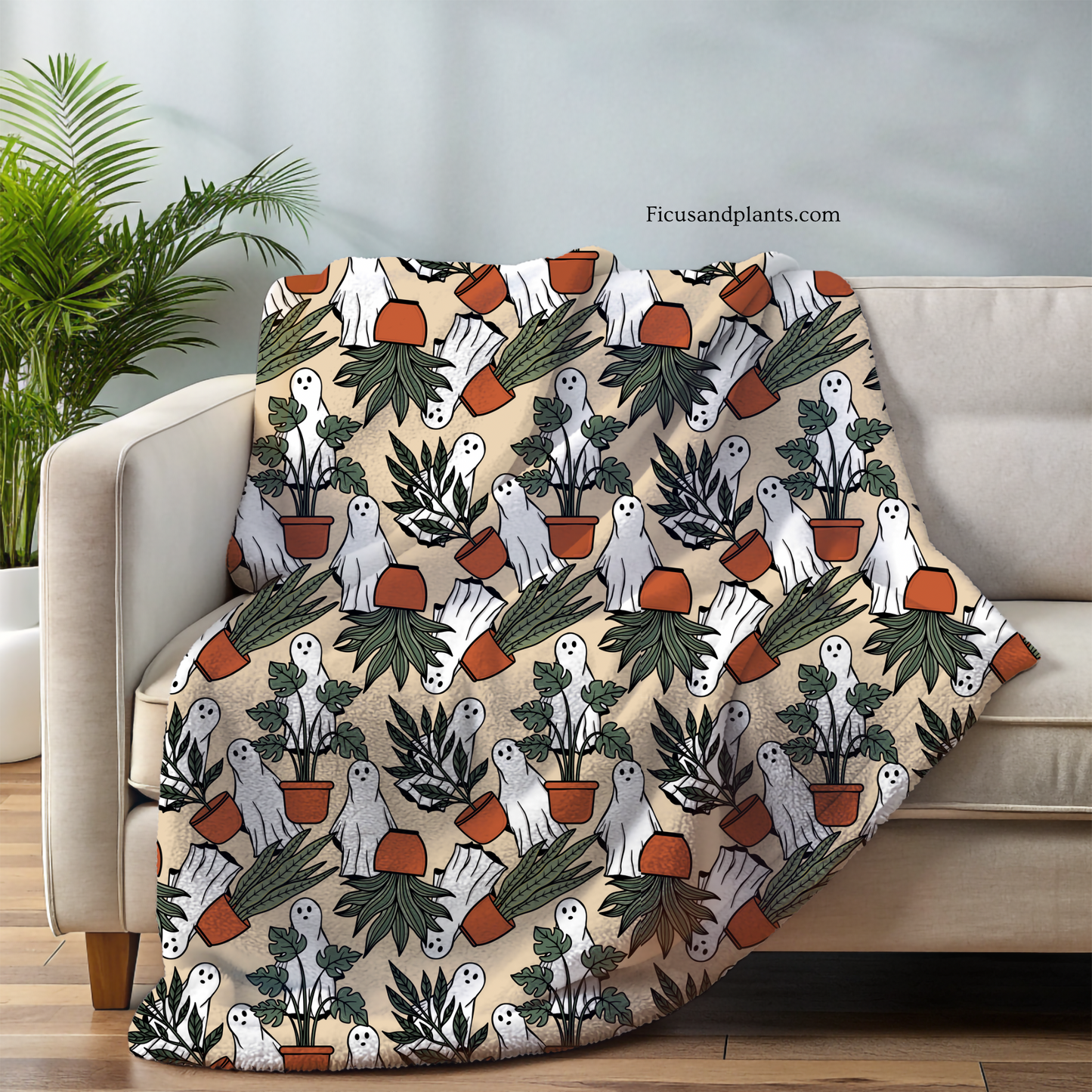 Ghost blanket for plant lovers. Ghosts and Potted Plants Flannel soft Blanket, 80x60” - Halloween Design, Double Sided Print