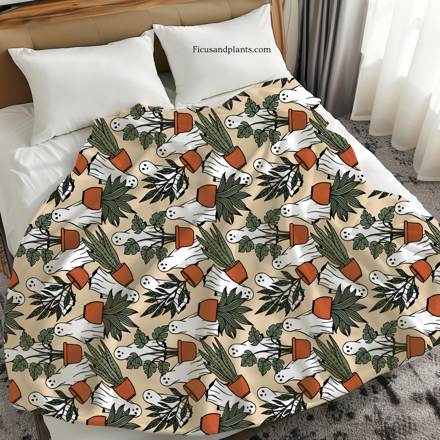 Ghost blanket for plant lovers. Ghosts and Potted Plants Flannel soft Blanket, 80x60” - Halloween Design, Double Sided Print
