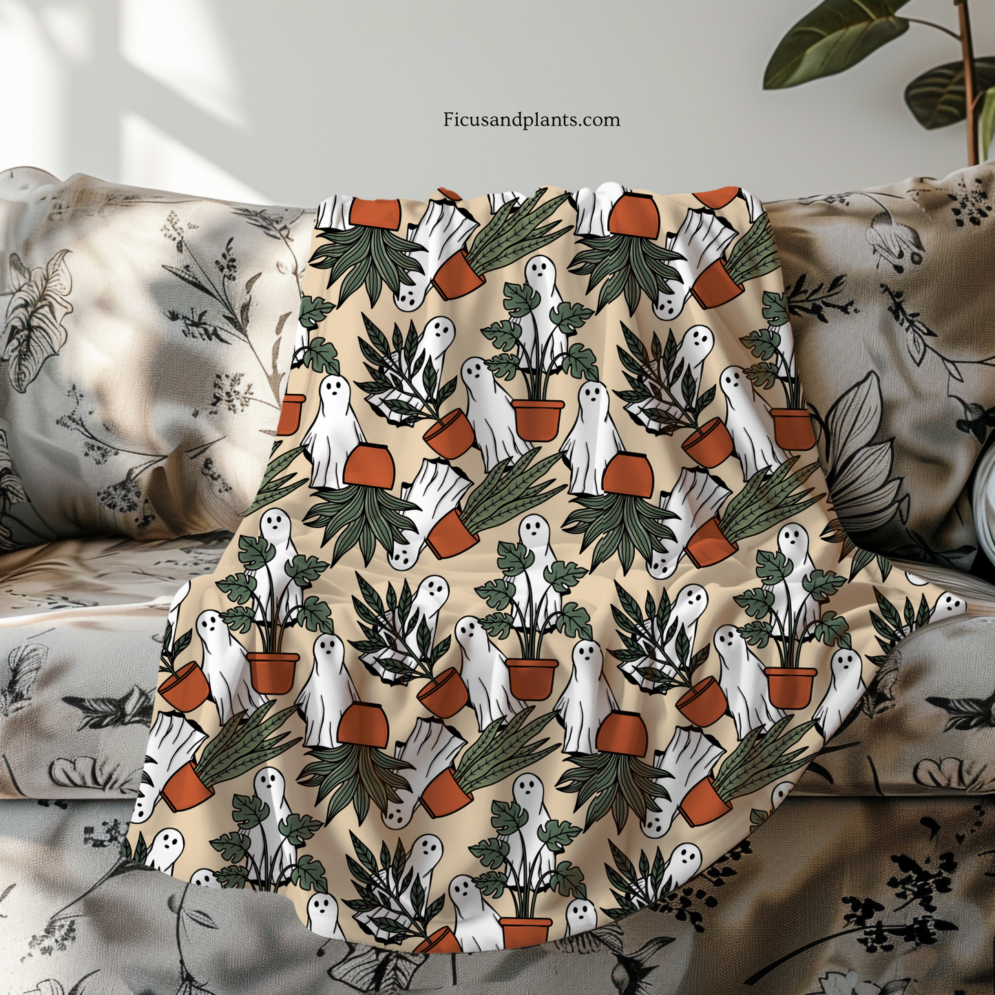 Ghost blanket for plant lovers. Ghosts and Potted Plants Flannel soft Blanket, 80x60” - Halloween Design, Double Sided Print
