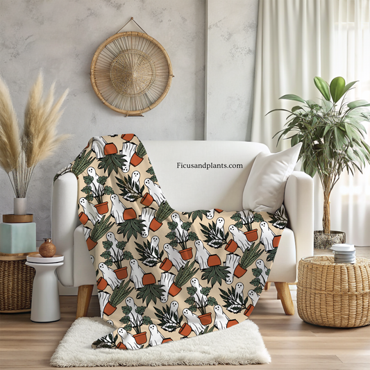 Ghost blanket for plant lovers. Ghosts and Potted Plants Flannel soft Blanket, 80x60” - Halloween Design, Double Sided Print