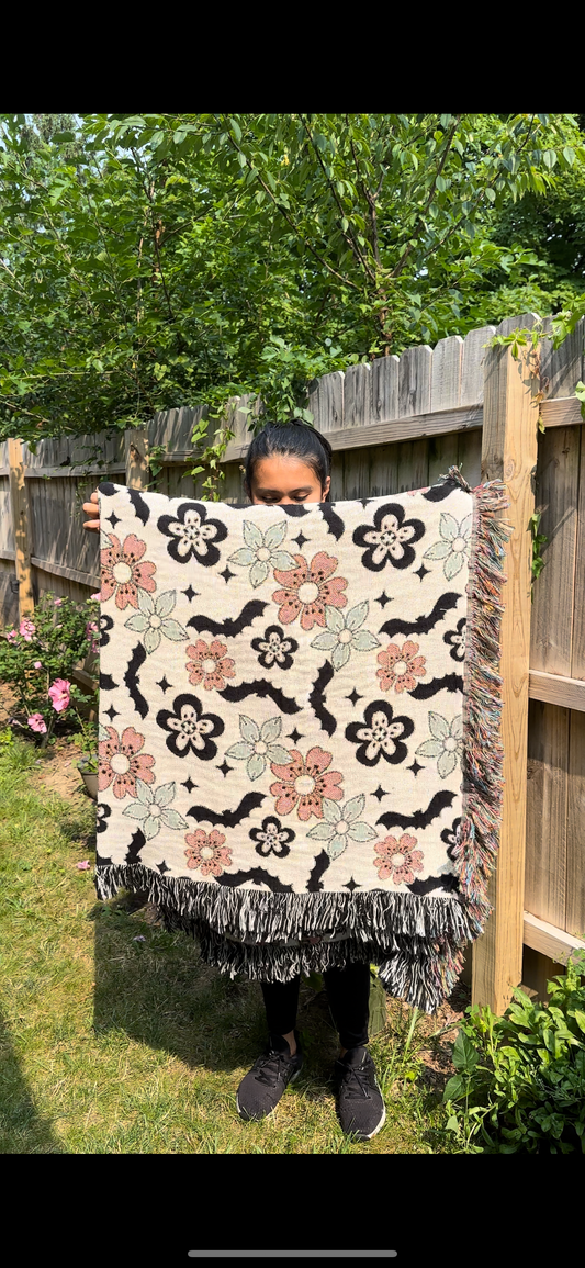 Bats and flowers woven blanket. Halloween throw Blankets.