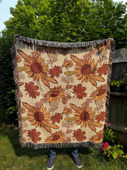 Fall Woven Blankets with sunflowers. autumn home decor.