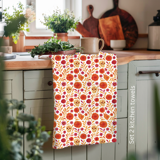 Dia de los muertos kitchenTowels – Set of 2 Cotton Towels with Talavera, cempasúchil, calaveritas Design