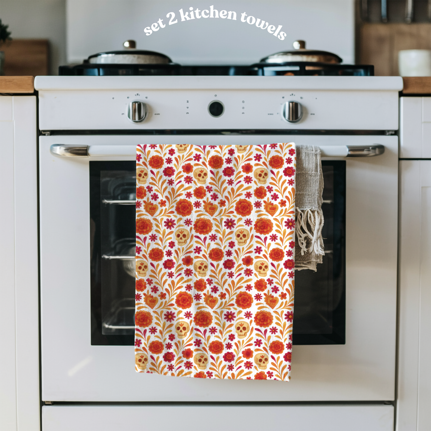 Dia de los muertos kitchenTowels – Set of 2 Cotton Towels with Talavera, cempasúchil, calaveritas Design