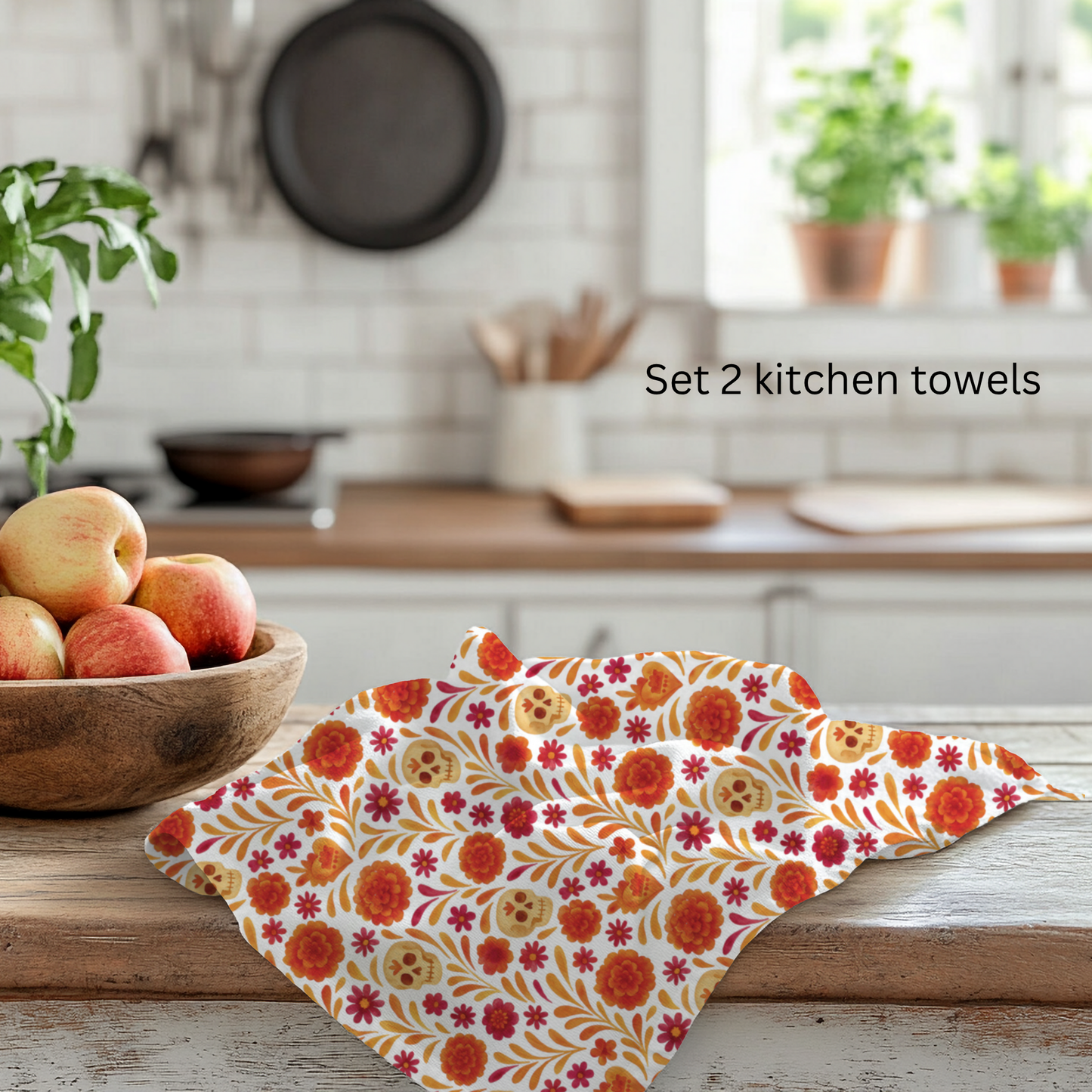 Dia de los muertos kitchenTowels – Set of 2 Cotton Towels with Talavera, cempasúchil, calaveritas Design
