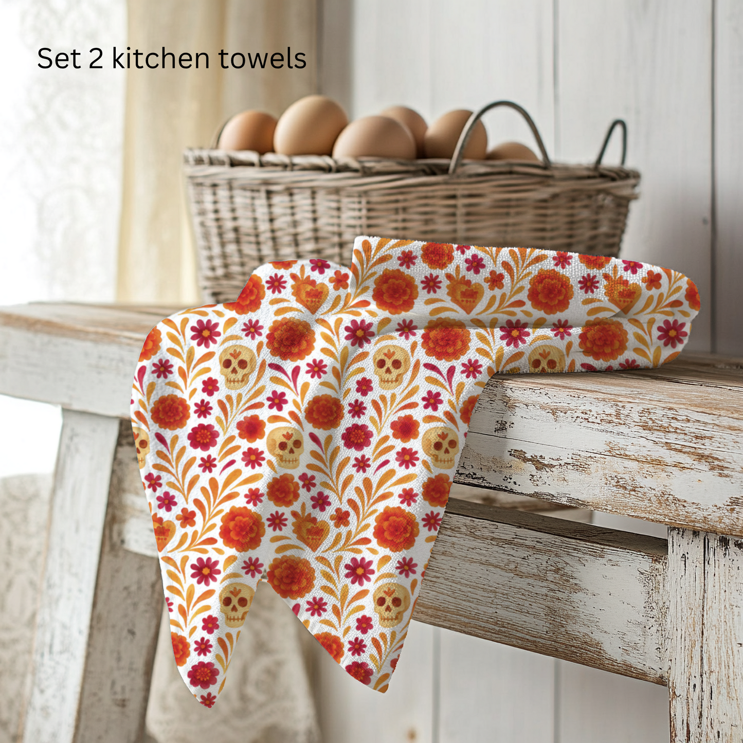 Dia de los muertos kitchenTowels – Set of 2 Cotton Towels with Talavera, cempasúchil, calaveritas Design