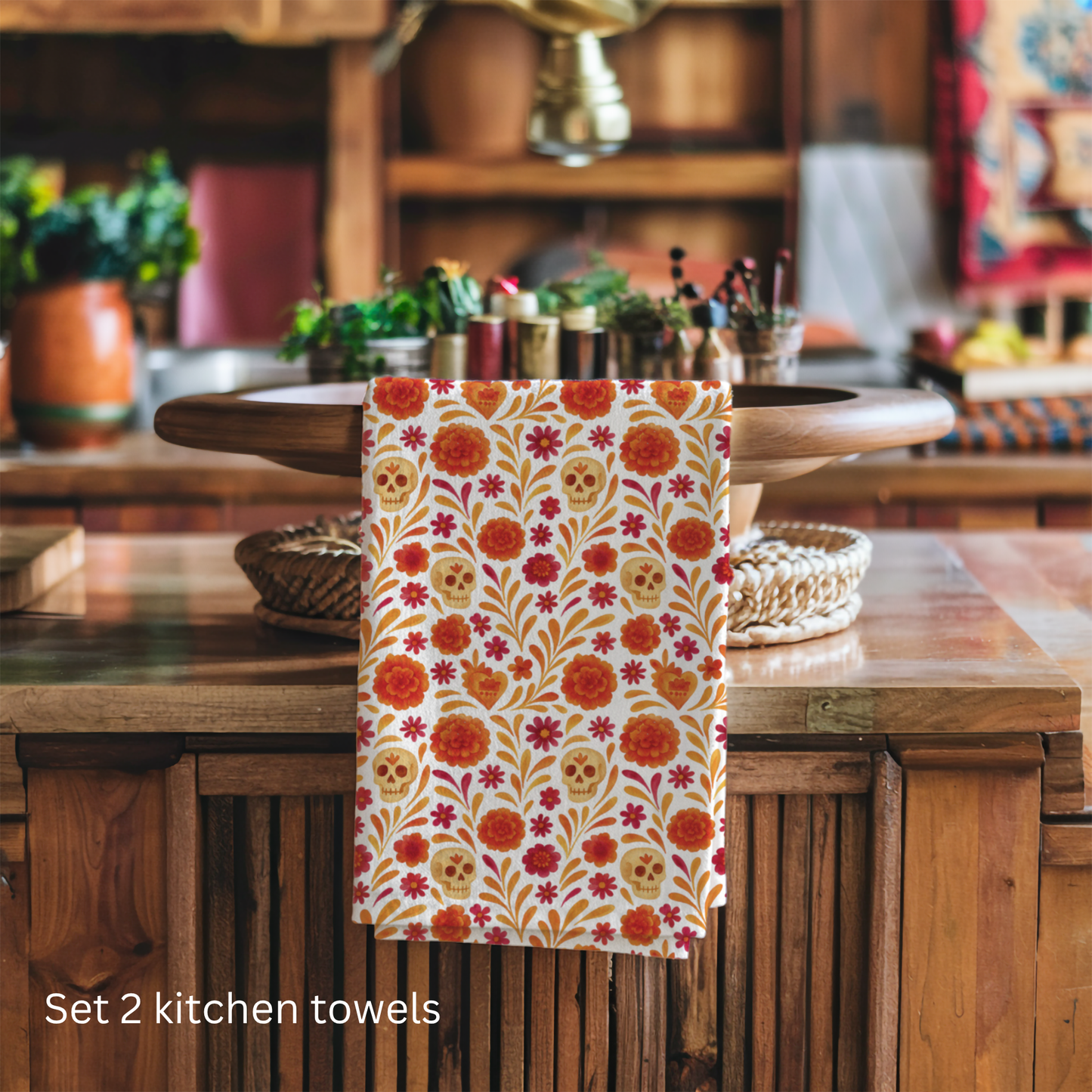 Dia de los muertos kitchenTowels – Set of 2 Cotton Towels with Talavera, cempasúchil, calaveritas Design