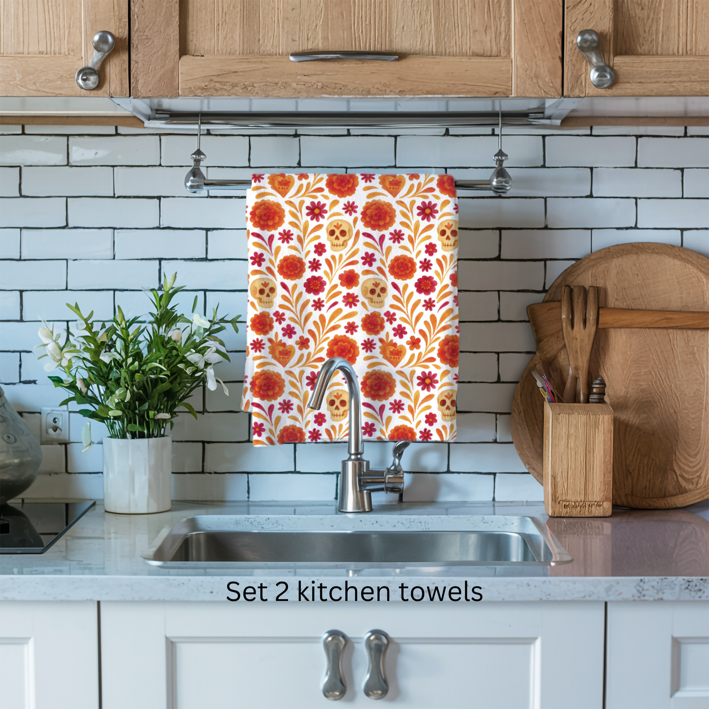 Dia de los muertos kitchenTowels – Set of 2 Cotton Towels with Talavera, cempasúchil, calaveritas Design