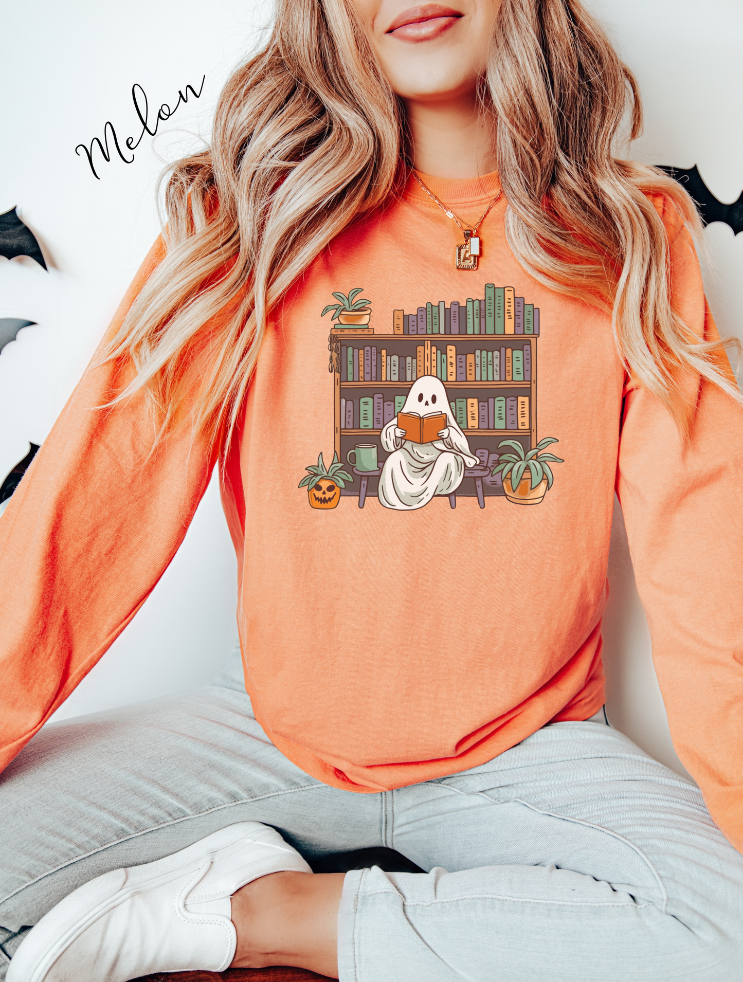 Ghost reading Unisex Long Sleeve T-Shirt for spooky season and book lover. Comfort color tee. Bookworm gift, Halloween gift