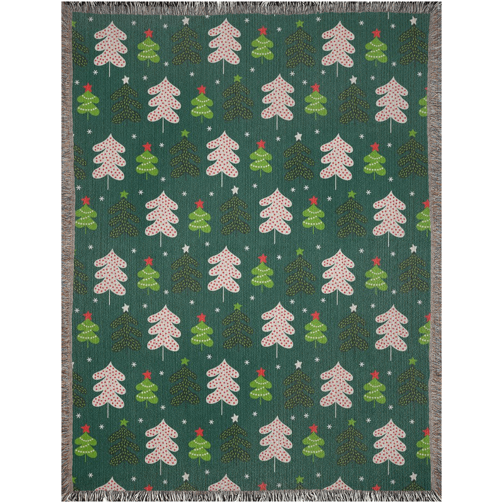 Christmas Tree Woven Blanket for holiday season. Green throw woven blanket with Christmas tree.