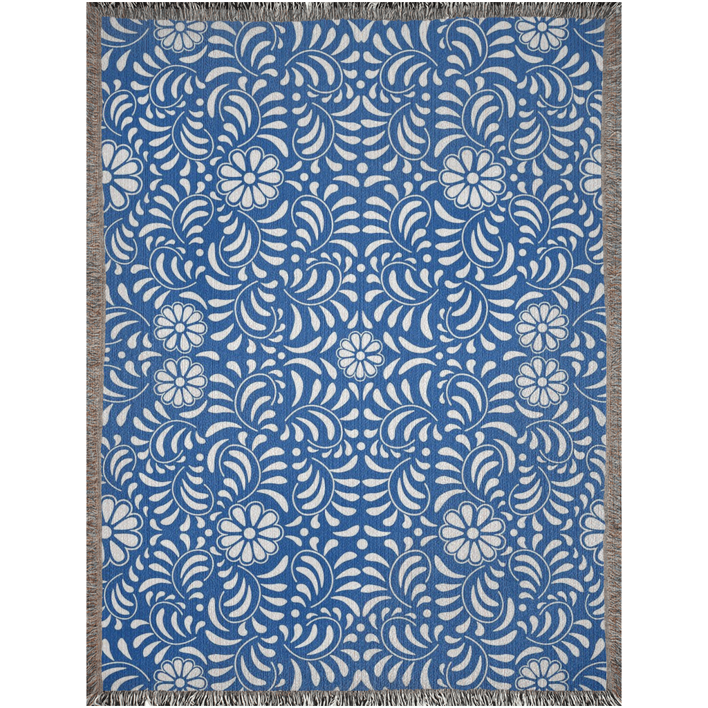 Blue floral woven blanket for Hispanic home decor or Latin decoration.