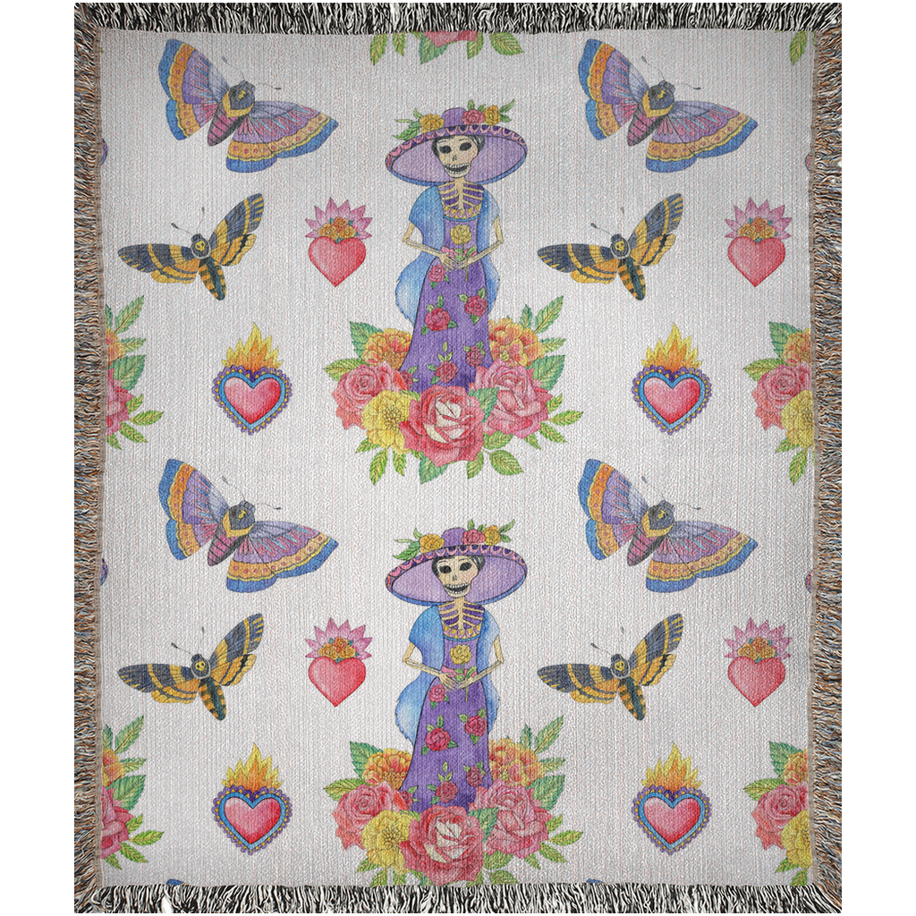 Catrina, moths and cempazuchitl flower Woven Blankets. Mexican blanket. Mexican folk art