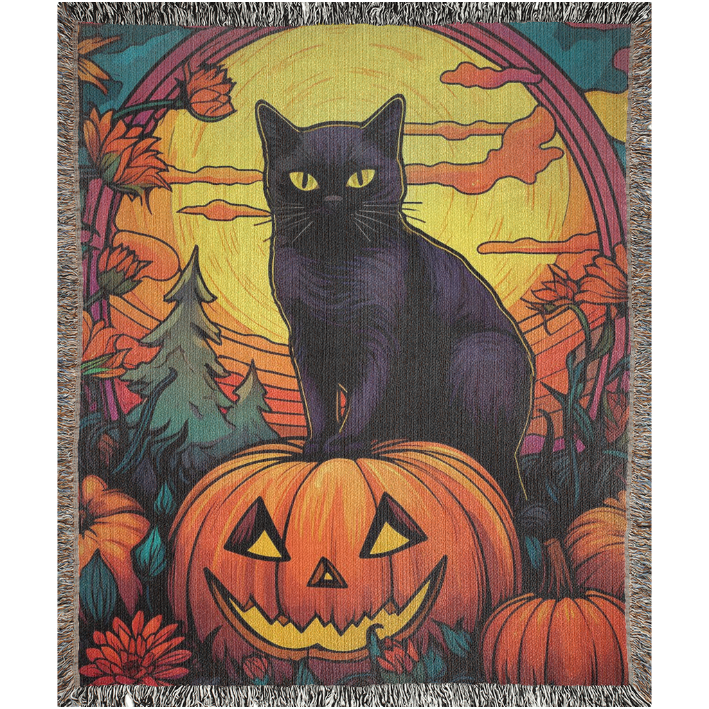 Black cat and jack o lanter Woven Blanket. Halloween throw blanket for Halloween lover or cat lady. Halloween home decor