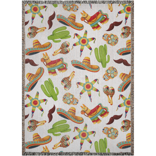 Mexican culture Woven Blanket with cute illustrations of sombreros, piñatas, maracas, cactus, calaveras, burritos, and bigotes (mustache)